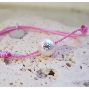 Baby VIP + or blanc et cordon rose JDL Paris - bijou original pour enfant avec perle de culture