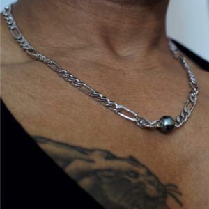 Collier homme perle de Tahiti, maille alternée en argent