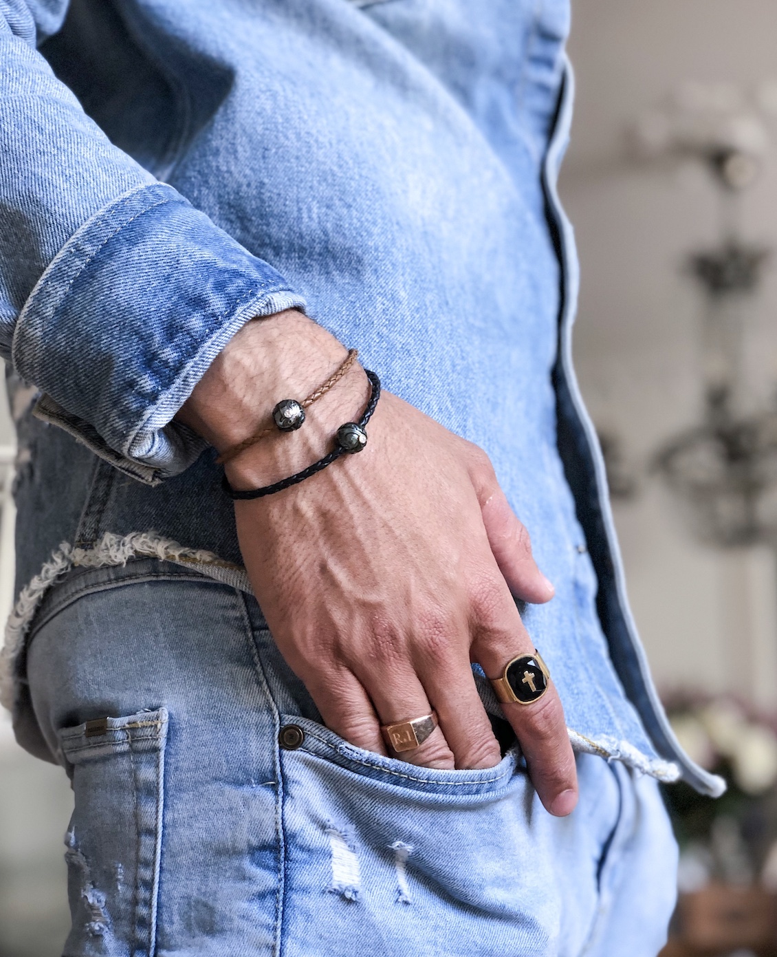 © Bracelets homme JDL Paris - Tribal Monoï VIP - perles de Tahiti gravées, diamants, cuir, or