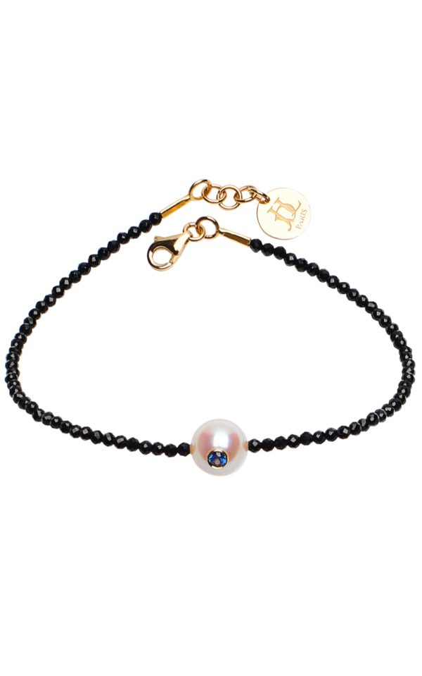 Bracelet Shining Monoï - perle de culture d'Akoya incrustée d'un saphir bleu avec spinelle noir brillant - JDL Paris