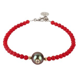 LITTLE PRETTY MONOÏ   Bracelet perle de Tahiti, diamant et bambou de mer rouge