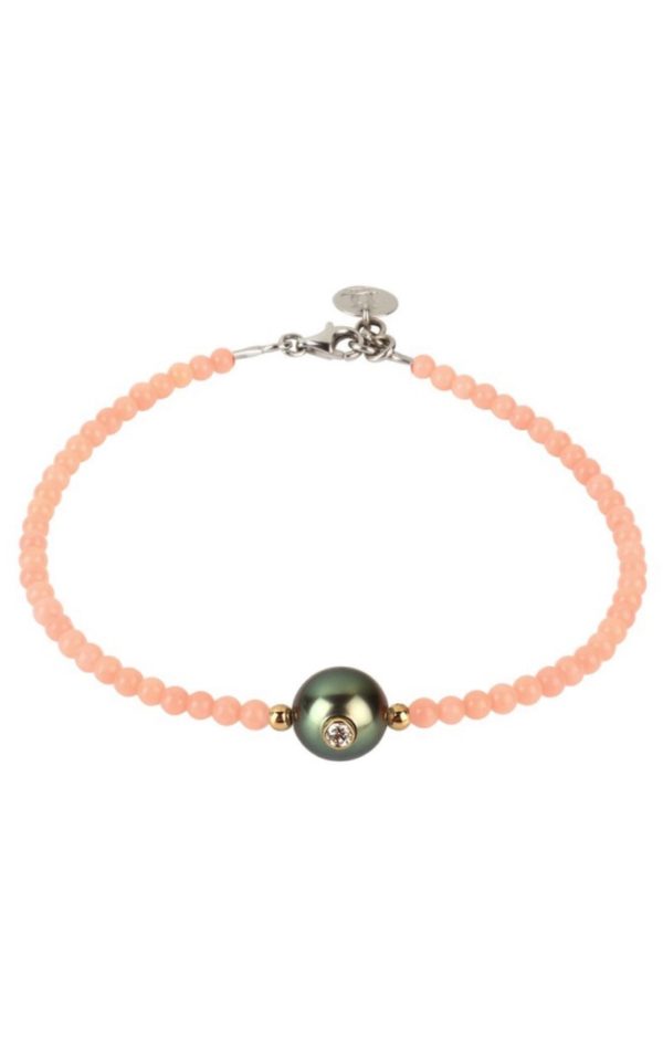 Little pretty Monoï - JDL Paris - bambou de mer rose, perle de tahiti avec diamant incrusté