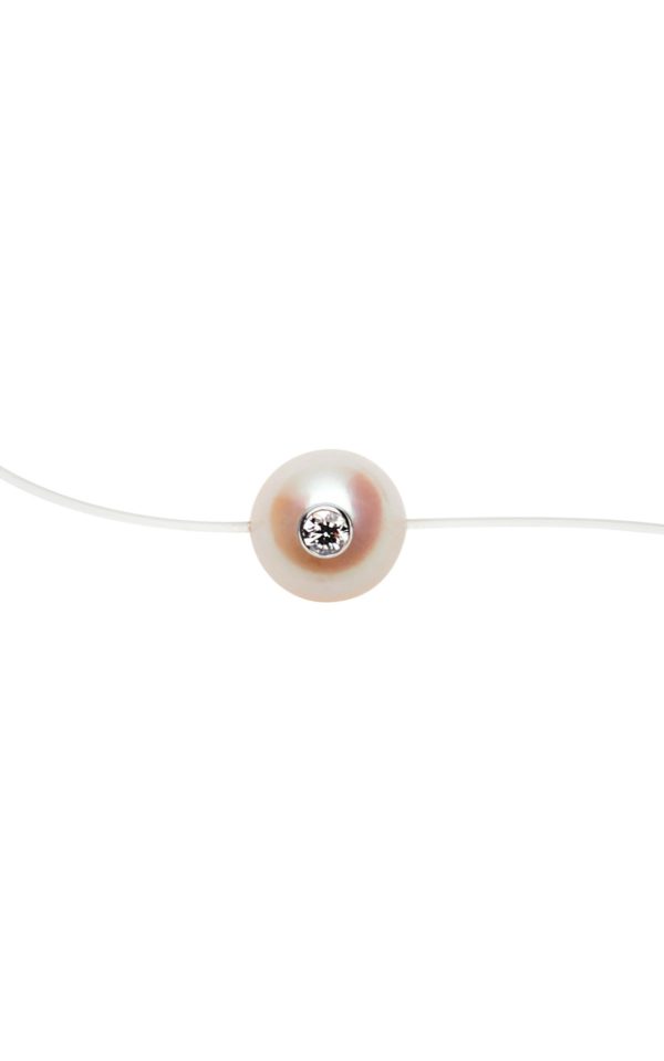 Collier fil transparent, diamant dans perle blanche d'Akoya et or 18K