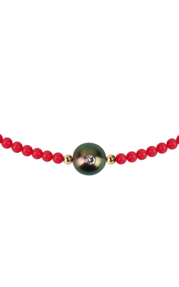 Collier Little pretty Monoï rouge - perle de Tahiti avec diamant et bambou de mer, alternative du corail