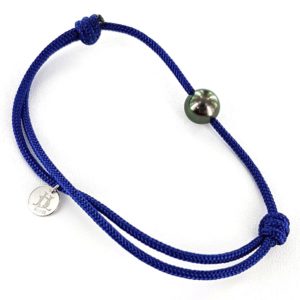 Bracelet homme perle de Tahiti sur cordon bleu marine et or blanc