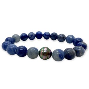 Bracelet homme élastique, perle de Tahiti et aventurine bleue