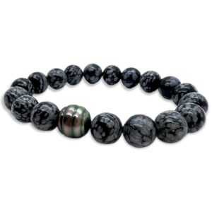 Bracelet homme obsidienne neige et perle de Tahiti