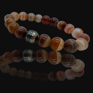 Bracelet homme perle de Tahiti et perles d'agate marron veinée